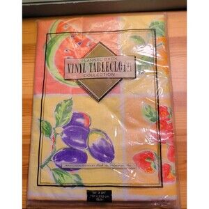 Vinyl Flannel Back  60" x 84" Tablecloth Oval Vintage Bright Retro Fruits NEW